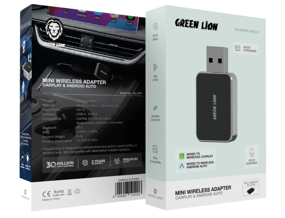 Green Lion Mini Wireless Adapter for CarPlay & Android Auto, Dual Interface for USB-C & USB-A, Bluetooth 5.2, 2.4/5GHz WiFi, Plug & Play, Wide Compatibility - Black