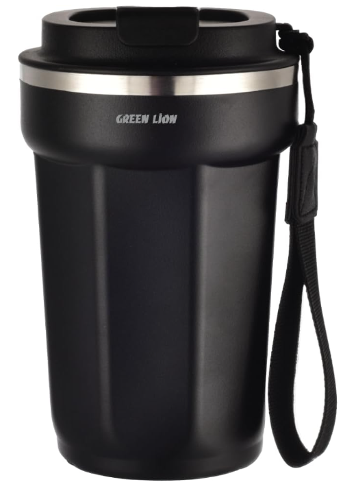 Green Lion Vacuum Mug 380 ml, 4-6 Hrs Cold & Hot, Double-Wall Vacuum Insulation, Exquisite Appearance, Food-grade material, Bottle Carrier Strap, Stainless Steel Material (Black)