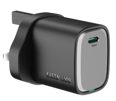 Green Lion Supra 33W GaN USB-C Wall Charger with UK 3-Pin Plug, USB-C to USB-C Cable Included, PPS 33W, Charging Protection, Flame-Retardant PC Material, PD 30W Fast Charging - Black / Gray