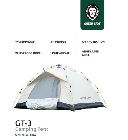 GT-3 Camping Tent / 3-4 People Capacity / 210D Oxford Floor / Polyester Silver Coating Fly / UV Protection / Lightweight / Waterproof / Ventilated Mesh / Windproof Rope - Beige