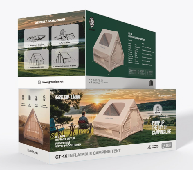 Green Lion GT-4X Inflatable Camping Tent, 4 Person Weatherproof & Windproof Tent, 2-3 Min Easy Setup, Anti-Mosquito Double Mesh Ventilation, Air Column Structure for Backpacking, Hiking, Beach