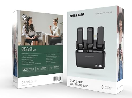 Green Lion GM-85X 3 In 1 Wireless Microphone, LED Display, 6H Working Time, USB-C/Lightning Head/Camera Receiver, Noise Reduction/Reverb/Silent Mode (Duo Cast Wireless Mic)