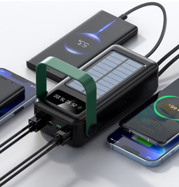 Solar Power Bank 80000mAh, 4 Integrated Cables, Solar Charging Power Bank with Digital Display, Portable Charger with USB-C & Lightning & USB-A & Micro USB Output, Portable Solar Charger, Ideal for Ca