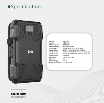 Solar 5-Panel Power Bank 20000mAh with Power Delivery 20W / Fast Charging / USB-C Input and Output / Dual USB-A Outputs - Black