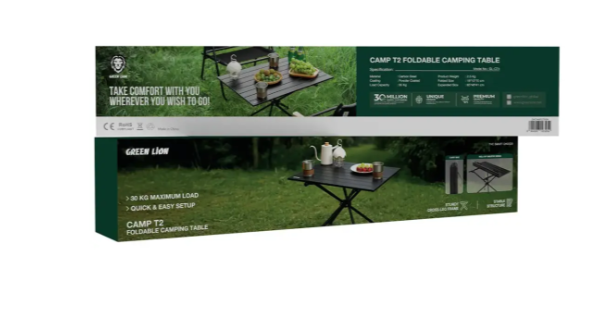 Green Lion CAMP T2"" folding camping table is made of carbon steel, has a load capacity of up to 30 kg, a lightweight design, is scratch-resistant, easy to clean, comes with a carrying bag, and featur