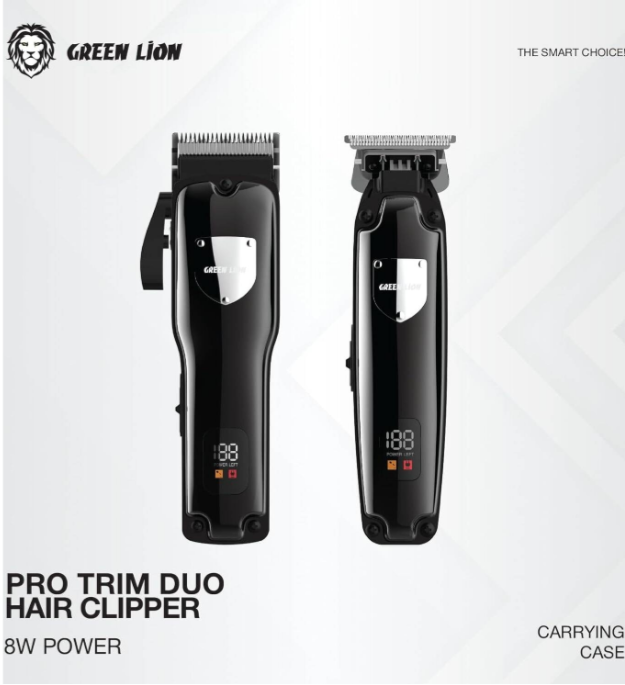 Green Lion Pro Trim Duo Hair Clipper, 9 in 1, 2000mAh Hair clipper Battery & 6800 RPM, 1500mAh Body Clipper Battery & 7200 RPM, Digital Display, Carrying Case, Taper Lever, Black