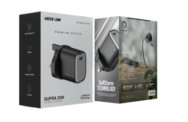 Green Lion Supra 33W UK Wall Charger - Black/Grey
