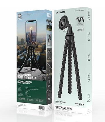 Green Lion Octoflex Mag Tripod Phone Holder, Flexible 33.5cm Stand Mount Legs, 360° Rotation, Portable Travel-Friendly Phone Stand, Multi-Purpose Support Compatible with Magsafe Phones (Magnetic)