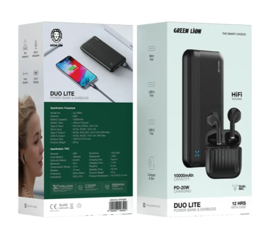 Green Lion Duo Lite Power Bank & Earbuds - Black