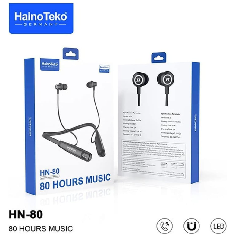 HainoTeko HN-80 Wireless Neckband Bluetooth Earphones with 80 Hours Playtime, Deep Bass, Magnetic Earbuds, LED Display, Fast Charging & HD Mic for Calls Black