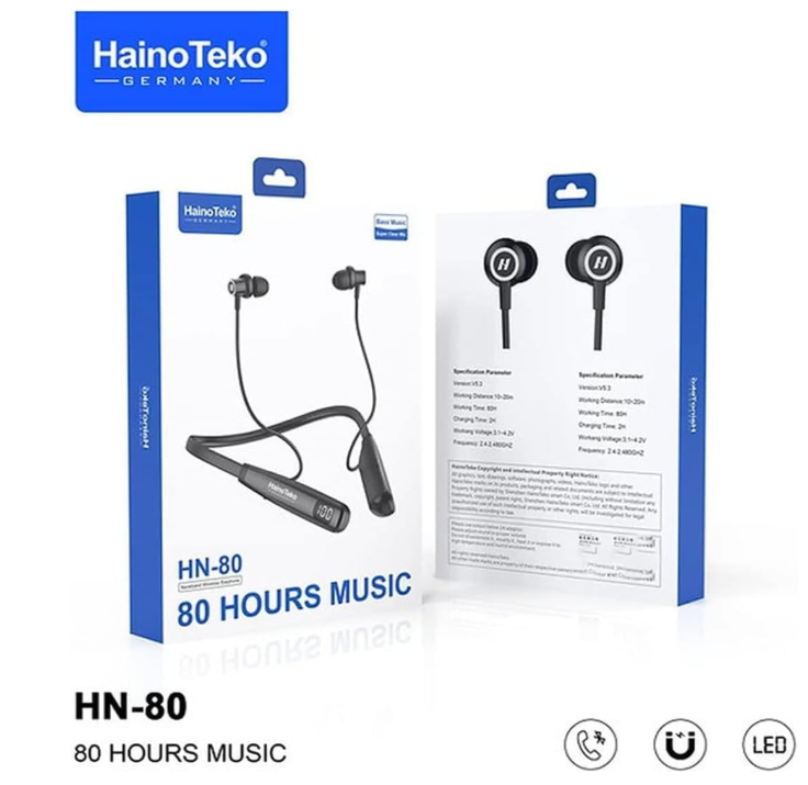 HainoTeko HN-80 Wireless Neckband Bluetooth Earphones with 80 Hours Playtime, Deep Bass, Magnetic Earbuds, LED Display, Fast Charging & HD Mic for Calls Black