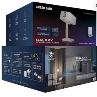 Green Lion GALAXY Portable Projector, 30000+ Hours LED Lifespan, 720P HD, 1GB/8GB Storage, 90° Rotation, 23.5cm Height Adjustable, Wi-Fi, Bluetooth 5.0, Remote Control – White