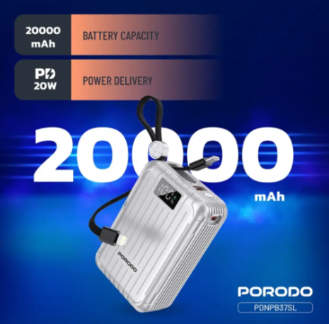 Porodo Petite 20000mAh Power Bank with Integrated Type-C & Lightning Cable - Silver