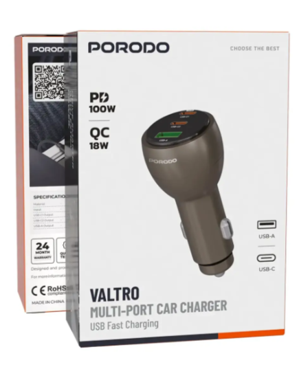 Porodo Valtro 130W Multi-Port Car Charger, Ultra-Fast Power Delivery 100W USB-C and 18W QC Quick Charge USB-A Adapter, Heavy-Duty Aluminum Alloy Cigarette Lighter Charger for iPad, iPhone, Brown