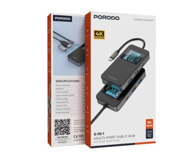 Porodo 6-In-1 Multi-Port USB-C Hub with Smart Digital Display - Gray
