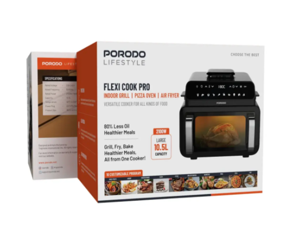 Porodo Lifestyle Flexi Cook Pro Indoor Grill, Pizza Oven, Air Fryer - Black