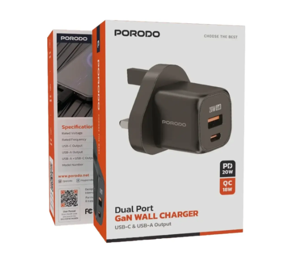 Porodo GaN Dual Port Wall Charger - Black