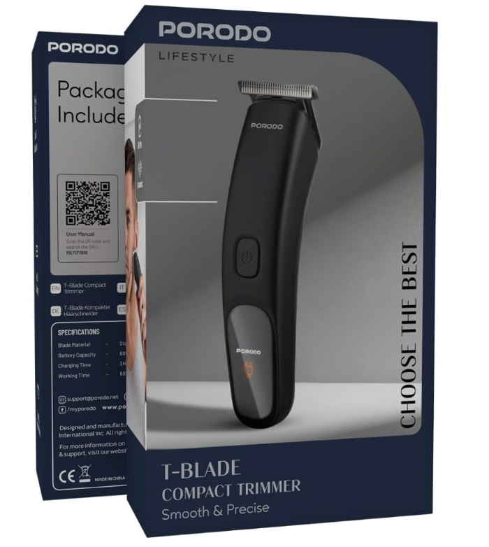 Porodo T-Blade Compact Trimmer for Face & Hair, Comfortable Shave, Precise Blades, 60min Cordless Use, Ergonomic Grip, Included Cable + Oil + Cleaning Brush + Attachment Combs (1/3/5/7mm) – Black