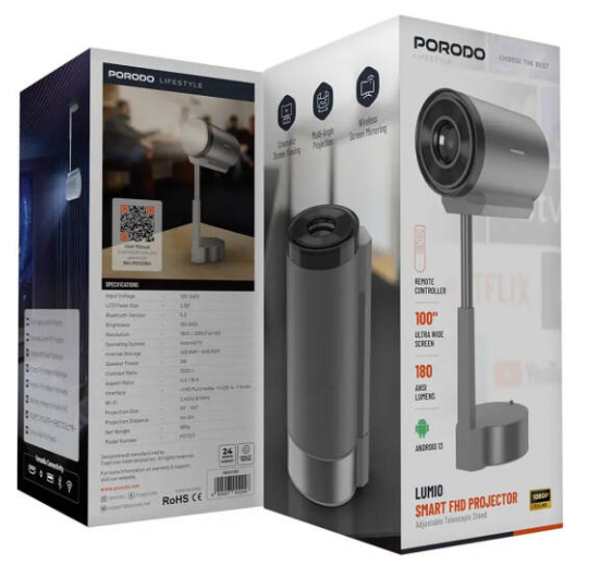 Porodo Lifestyle Lumio Smart FHD Projector, 100-Inch Display, 1080P Full HD Resolution, 180 ANSI Brightness, Wireless Screen Mirroring, Bluetooth & WiFi Connectivity, Gray | PDTS17GY
