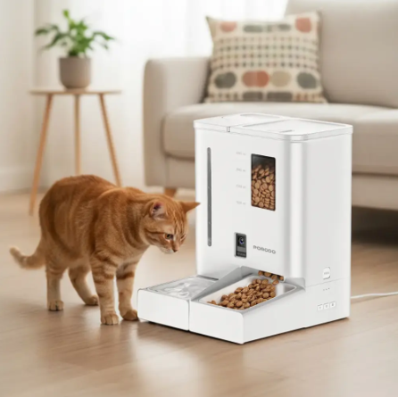 Porodo Petmate Automatic Pet Feeder, With Wi-Fi, HD Real-Time Monitoring, App Control, Smart Feeding Control, 5L Food Tank, 4L Water Tank, Easy to Clean, Best Pet Feeder for Cats & Dogs - White