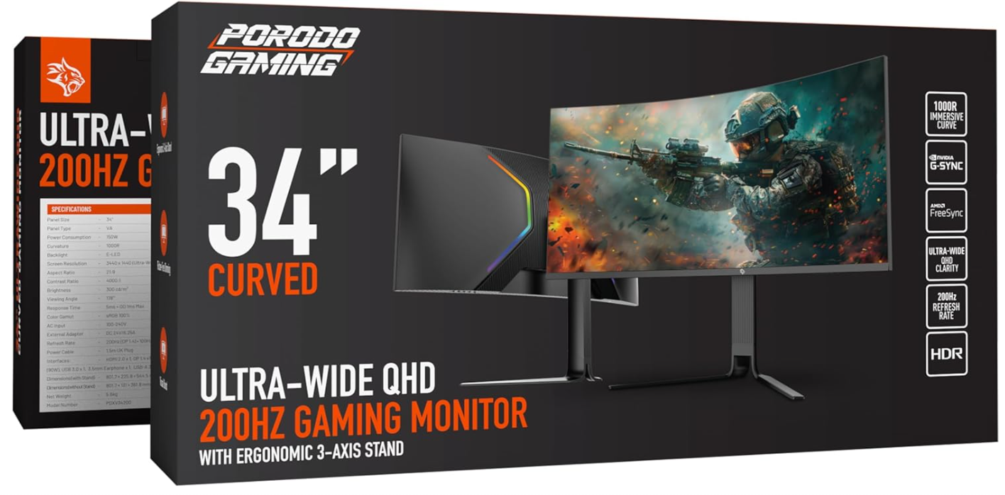 Porodo 34 Inch Curved Gaming Monitor, UltraWide HDR 200Hz Monitor, QHD [3440×1440P], Ergonomic 3-Axis Stand, Flicker-Free, DisplayPort/HDMI/Type-C Ports, Compatible with NVIDIA G-Sync & AMD FreeSync