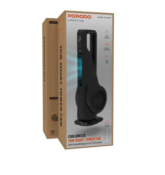 Porodo Lifestyle Coolbreeze 70W Smart Tower Fan with Aromatherapy & Air Purification - Black