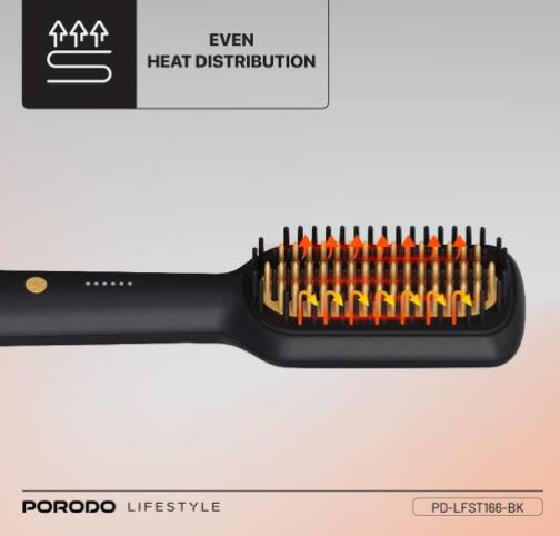 Porodo Lifestyle Electric Heated Hair Straightener Brush, 5 Temperature Settings, Even Heat Distribution, Anti-Scald Comb, 70 Frizz Reduction, 30S Fast Heating, Auto Shut-Off, Black | PD-LFST166-BK