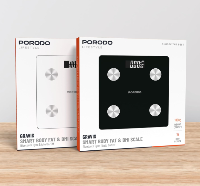 Porodo GRAVIS Smart Body Fat & BMI Scale with Digital Display, Auto On/Off, 180kg Weight Capacity, 15×Body Metrics, Digital Bathroom Weight Scale with BMI Analyzer & Bluetooth App Sync (Black)