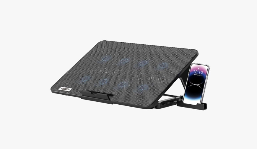 Porodo Gaming 8-Fan Laptop Cooling Pad with Built-In Phone Slot, 7×Adjustable Heights, Dual USB-A Ports, Anti-Slip Base, Support Up to 16″Inch Laptops, Stand with 8 Quiet Fans and Phone Holder - Black