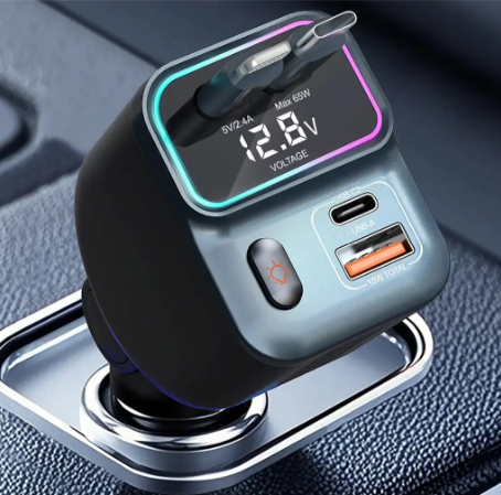 Porodo 65W Car Charger Dual Retractable Cable - Black