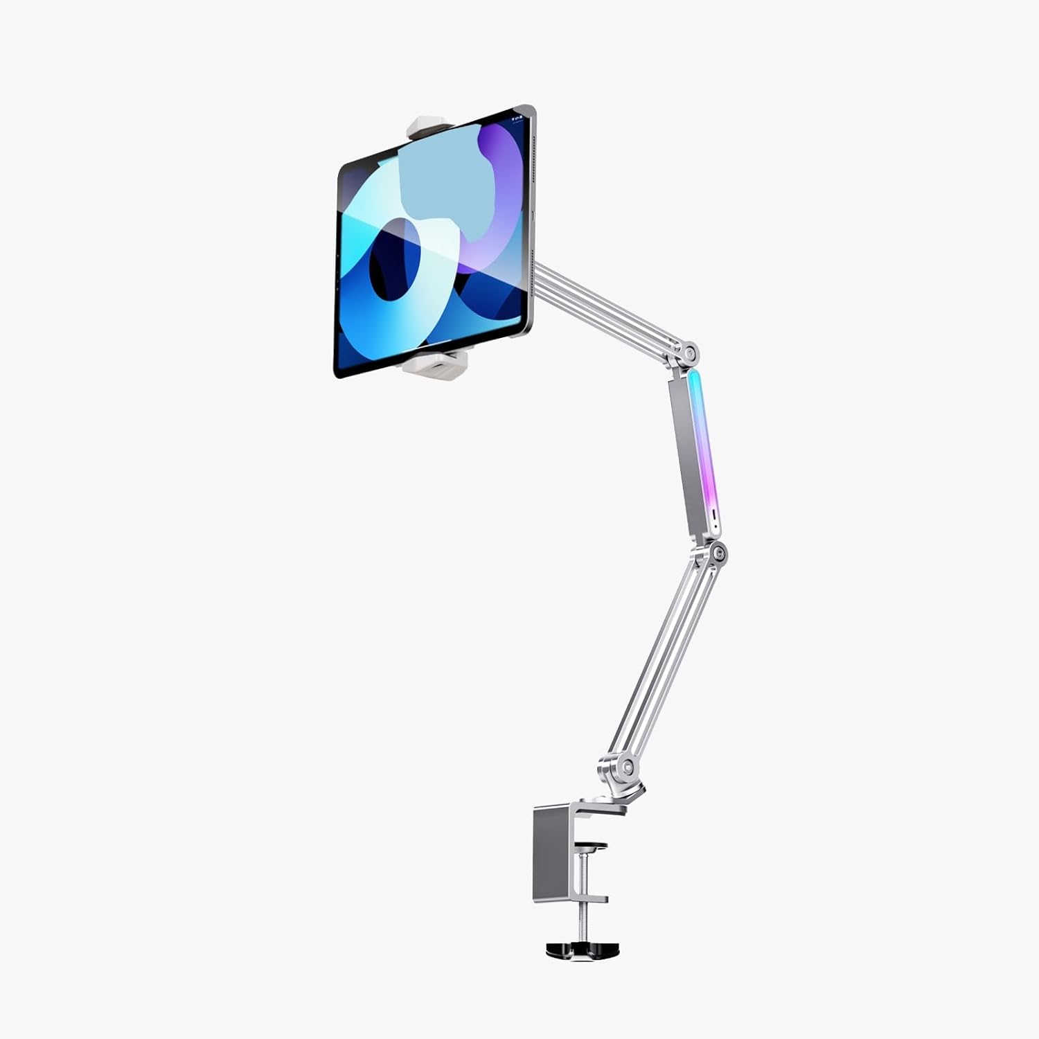 "Porodo Aluminum Alloy Adjustable & Foldable Cantilever Bracket With LED,360? Flexible Viewing Angle,RGB Ambient Light,Wide Compatibility,Phone & Tablet(12.9 Inches),78cm Height - Gray"