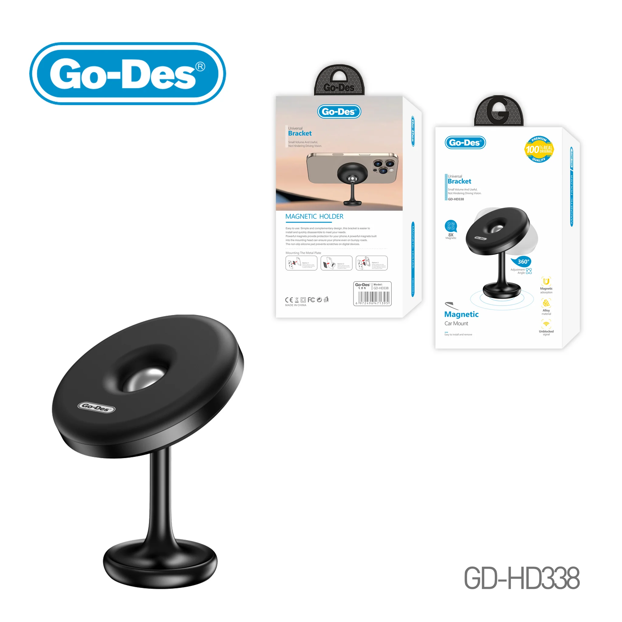 Go-Des GD-HD338 Universal Magnetic Car Mount – Compact 8-Magnet Phone Holder with 360° Rotation & Anti-Slip Pad (Black)