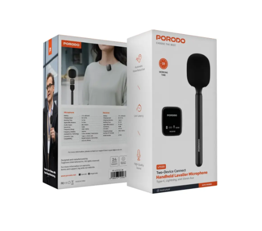 Porodo Two-Device Connect Handheld Lavalier Microphone - Black