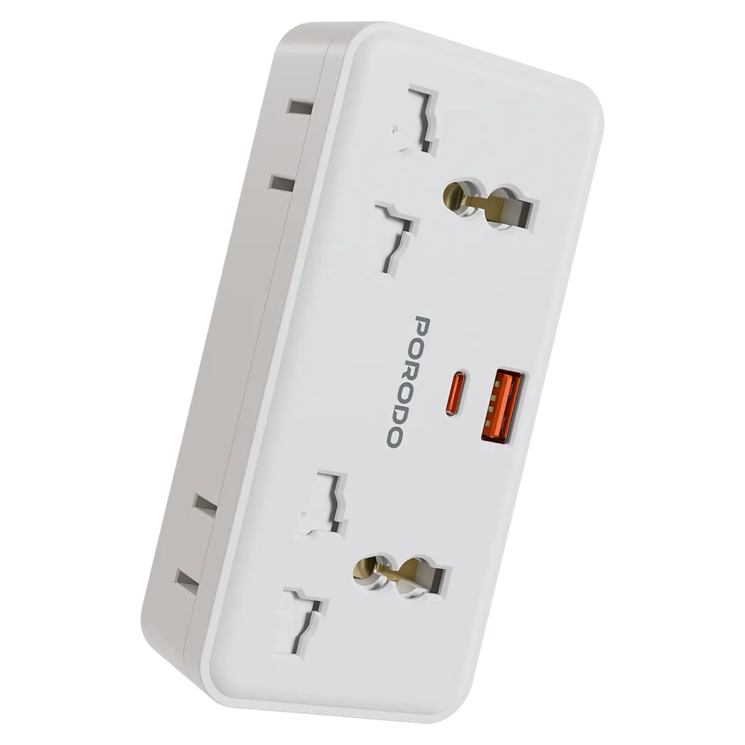Porodo Plex 1500W Universal Travel Adapter – Multiple AC Outlets, USB-C PD & USB-A Ports, UK/EU/US Plugs (White)