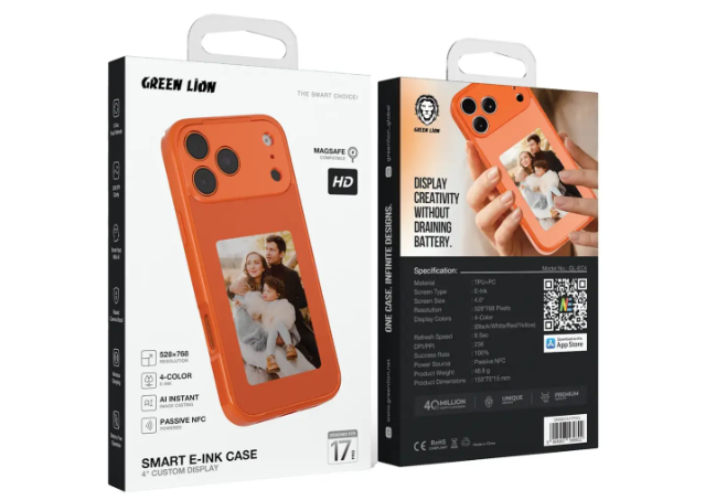 Green Lion Smart E-Ink Case 4" Custom Display for iPhone 17 Pro/ Pro Max orange