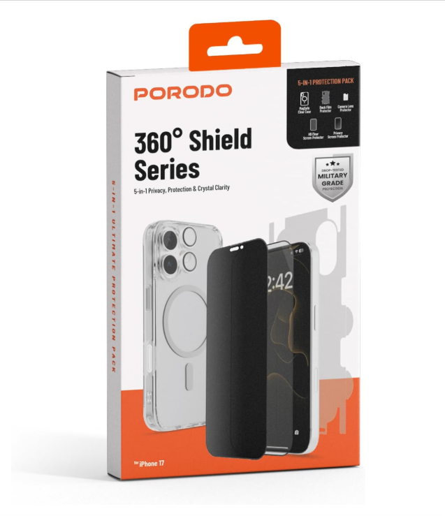 Porodo 5-in-1 Protection Pack for iPhone 17 Pro, [Compatible with MagSafe Case, Camera Lens Protector, HD Clear & Privacy Screen Protector, Back Film], 360 Full Combo Pack, Scratch-Resistant - Clear