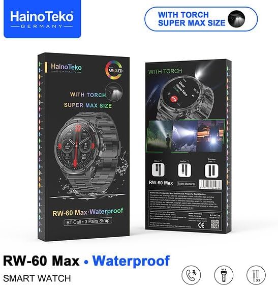 HainoTeko RW-60 Super Max Size Round Smart Watch with 3 Pair Strap | Waterproof Smart Watch with Torc For Mens (Black)