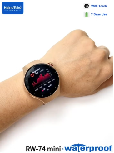 HainoTeko RW-74 Mini Waterproof Design Smart Watch with Curved AMOLED Display Bluetooth Calling 3 Pair Straps and Charging Cable For Women Rose Gold