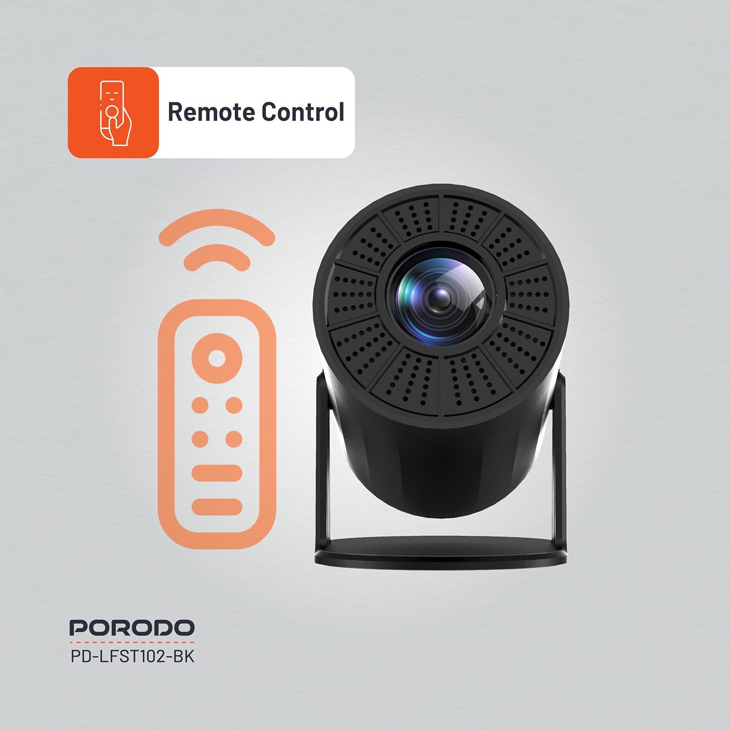 Porodo Wireless Mirroring Multi-Angle Projector, 4K Resolution, 40"-130" Projection Area, Andriod 11, Bluetooth V5.0 & Wi-Fi Connectivity, Auto Keystone Technology, 50W LED Lamp, 3W Speaker - Black
