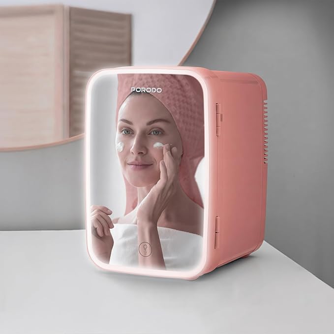 Porodo Frostlite Cooling Mini Makeup Fridge with LED Mirror, 4L Capacity, Low-Noise Fan, Travel Friendly, Portable Personal Refrigerator 10-15°, Beauty Beverage Cooler for skincare, cosmetics, Bedroom